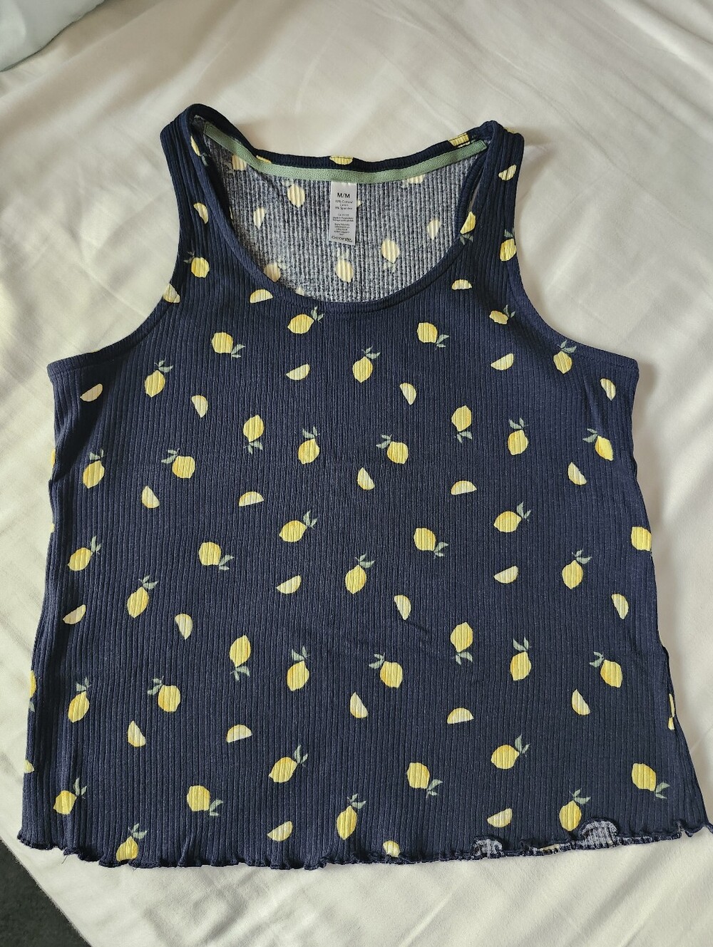 Navy Lettuce Edge Tank Top with Lemon Print